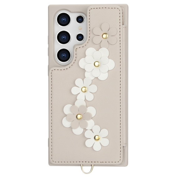 Case for Samsung Galaxy S24 Ultra, Leather Flower Card Slot, beige