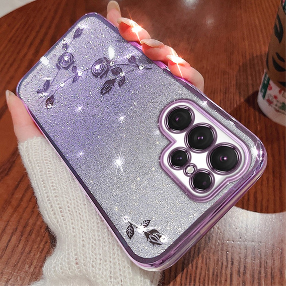 Case for Samsung Galaxy S23 Ultra, Glitter Flower, purple