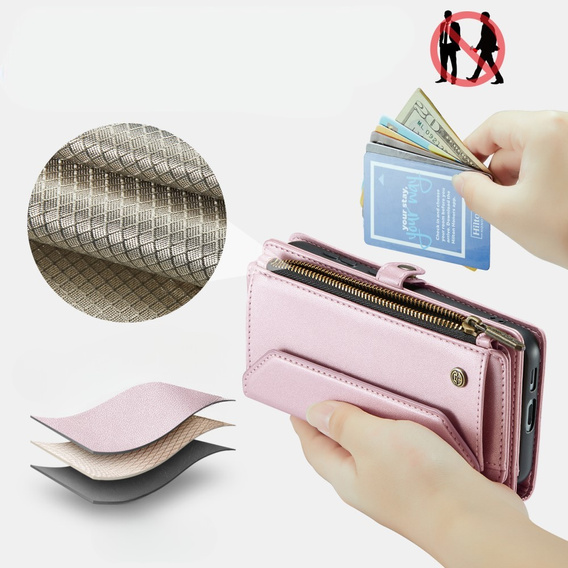 Case CASEME for Samsung Galaxy S24 FE, RFID Leather Wallet, with shoulder strap, pink