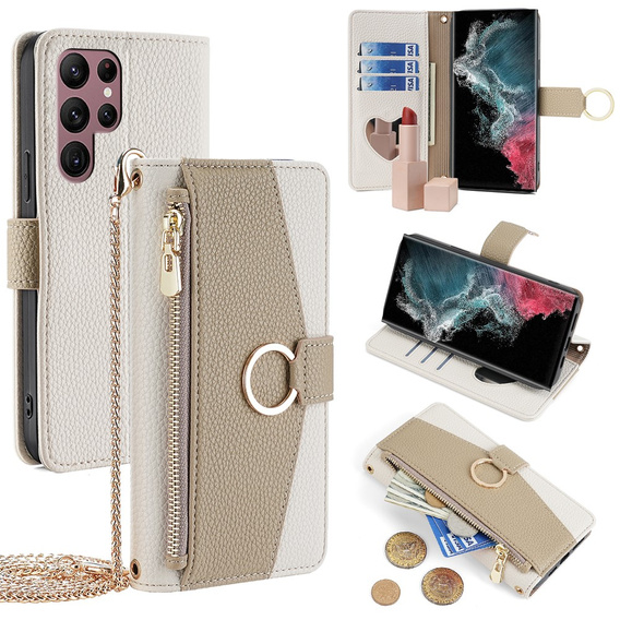 Flip case for Samsung Galaxy S22 Ultra, Wallet Zipper Pocket, with mirror, white