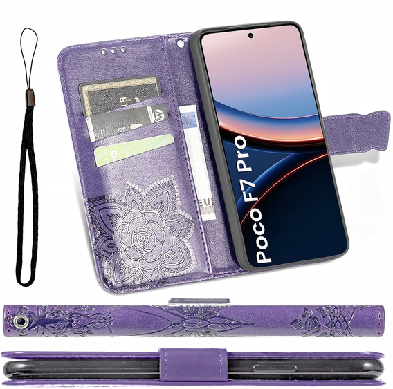 Flip case for Xiaomi Poco F7 Pro, Butterfly, purple