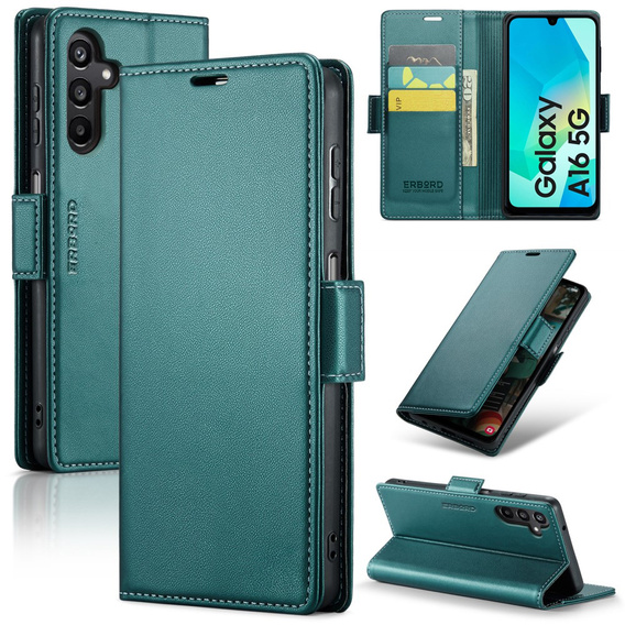 Case for Samsung Galaxy A16, ERBORD Glossy Litchi, wallet with flap, green
