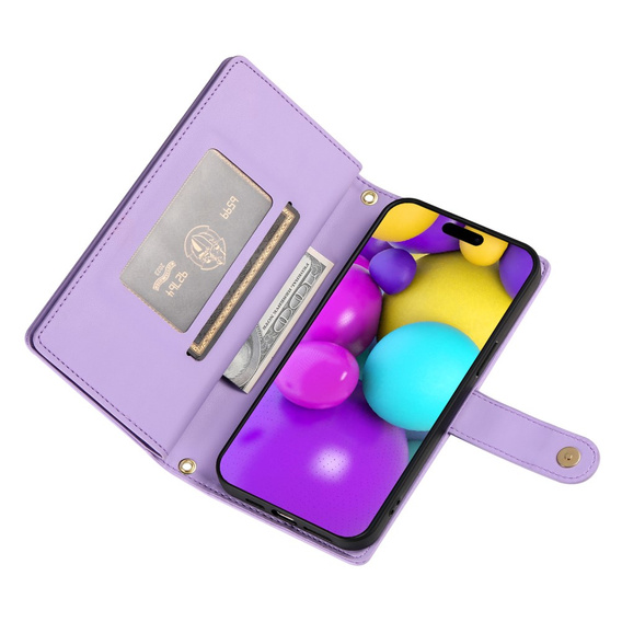 Flip case for iPhone 16, Wallet Zipper Pocket, purple