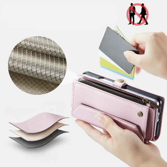 Case CASEME for Samsung Galaxy Z Fold6 5G, RFID Leather Wallet, with shoulder strap, pink