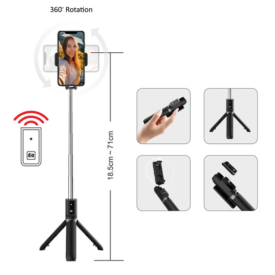 Selfie Stick Coco P-04 with tripod function and Bluetooth remote control, for smartphones from 6.5 cm to 9.5 cm wide
