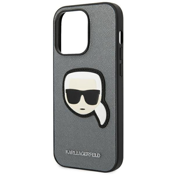 Karl Lagerfeld Case for iPhone 14 Pro Max, Saffiano Karl's Head Patch, silver
