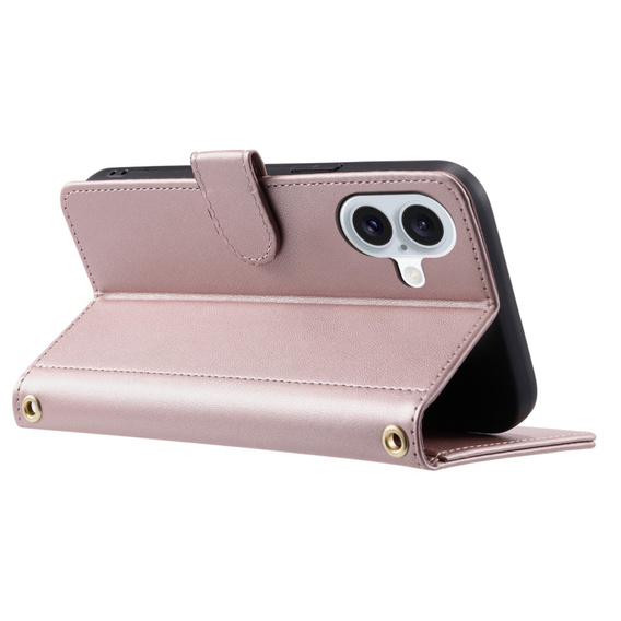 Flip case for iPhone 16, Rhombus Crossbody Leather, pink rose gold