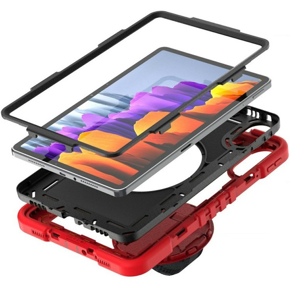 Armoured case for Xiaomi Redmi Pad 2, with stand and shoulder strap – red and black