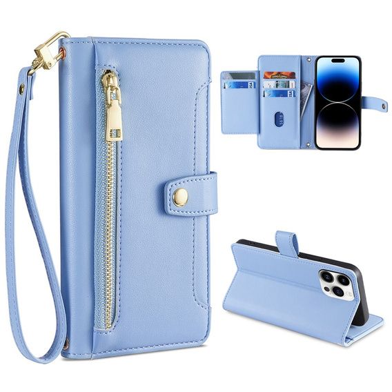Flip case for iPhone 14 Pro, Wallet Zipper Pocket, blue
