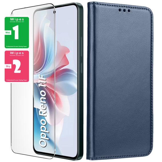 Case for Oppo Reno 11F 5G, Smart Magnet, dark blue + 9H glass