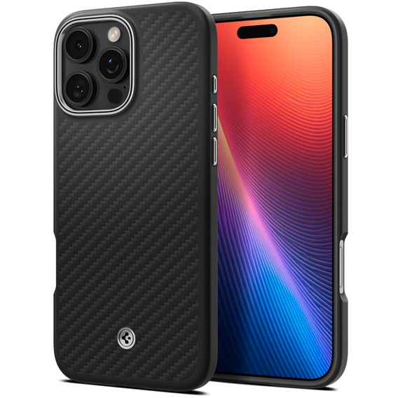 Spigen Case for iPhone 16 Pro Max, Enzo Aramid MagSafe, carbon black / silver + 9H Tempered Glass