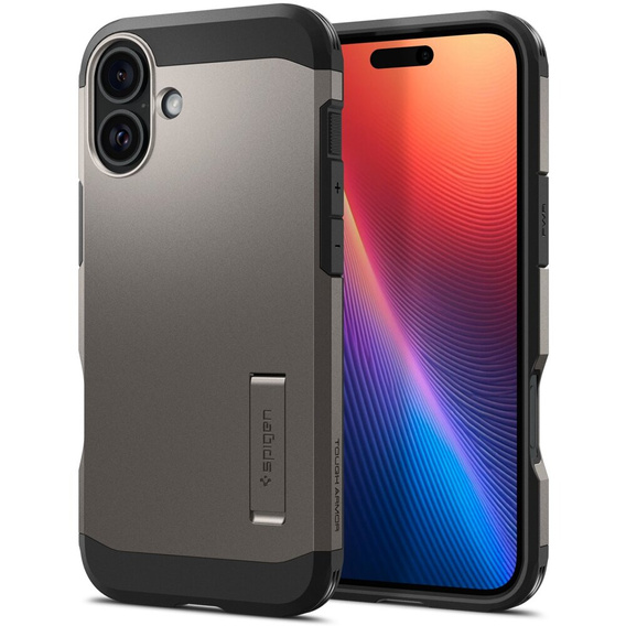 Spigen case for iPhone 16, Tough Armor Mag MagSafe, grey + 9H Tempered Glass