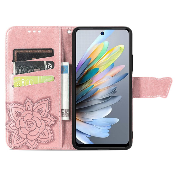 Flip case for Motorola Moto G15 / Motorola Moto G15 Power, Butterfly, pink rose gold