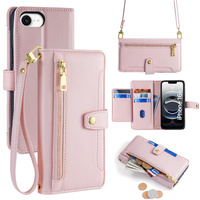 Flip case for iPhone 16E, Wallet Zipper Pocket, pink