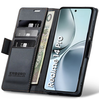 Case for Realme 14 Pro 5G, ERBORD Glossy Litchi, wallet with flap, black