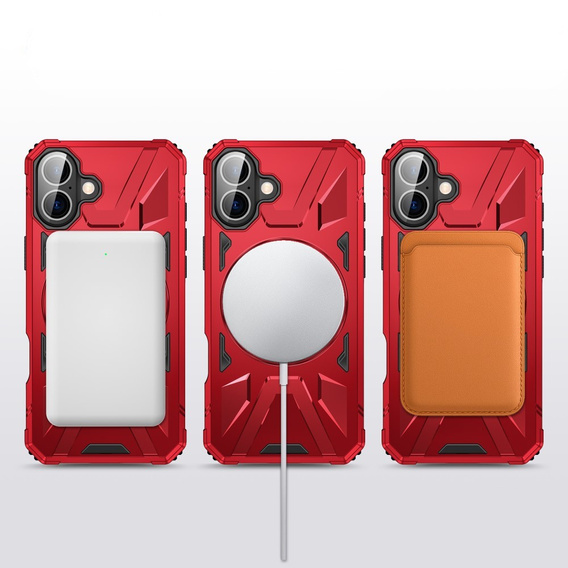 Case for iPhone 16, armored with stand and handle plate, red
