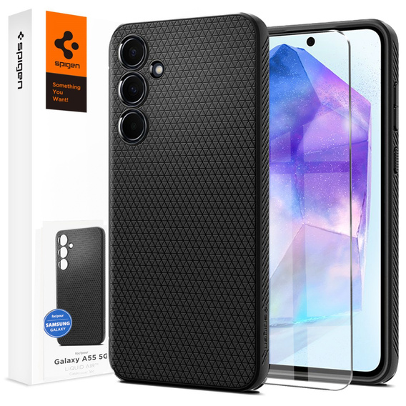 Spigen case for Samsung Galaxy A55 5G, Liquid Air, black + 9H Tempered Glass