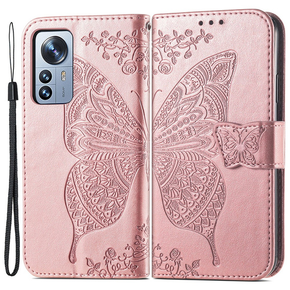 Flip case for Xiaomi 12 Pro, Butterfly, pink rose gold
