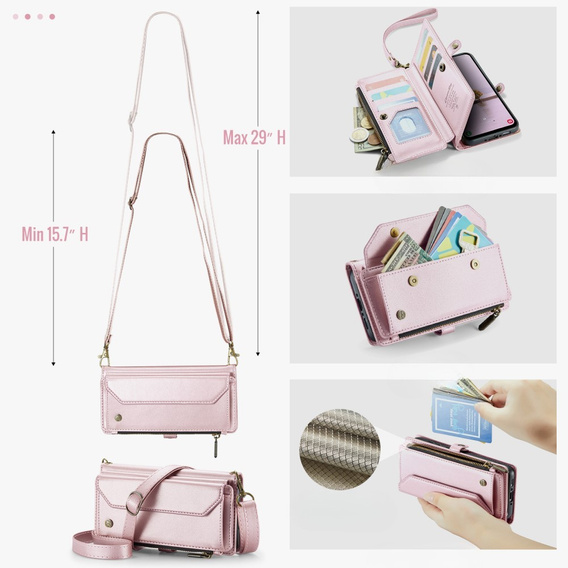 Case CASEME for Samsung Galaxy A56 5G, RFID Leather Wallet, with shoulder strap, pink