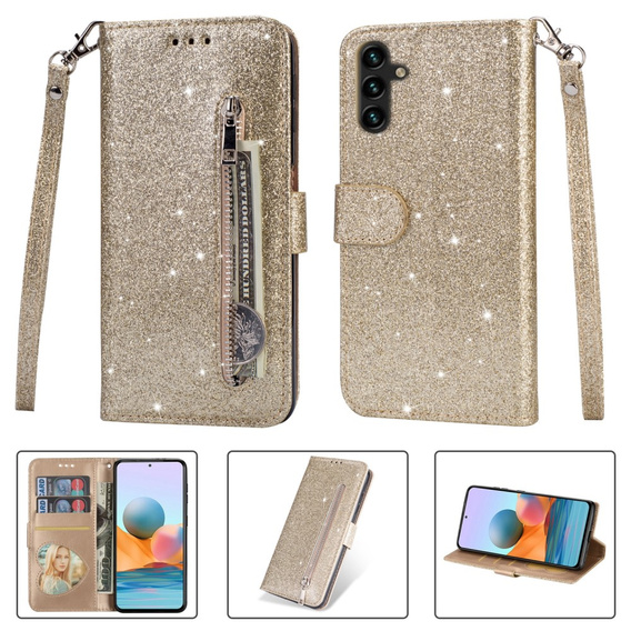 Flip case for Samsung Galaxy A55, Wallet Zipper Pocket Glittery, gold
