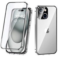 Case for iPhone 15, Magnetic Dual Glass, silver