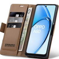 Case for Oppo A60, ERBORD Glossy Litchi, wallet with flap, brown