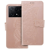 Flip case for Xiaomi Poco F6 Pro, Butterfly, pink rose gold