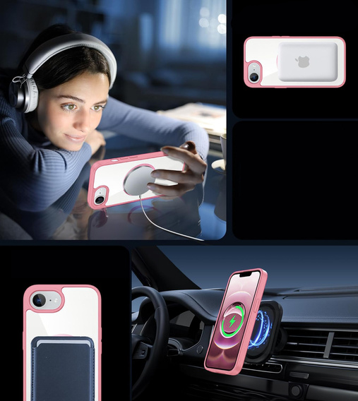 Magnetic Case for iPhone 16E, MagSafe, pink + 9H tempered glass