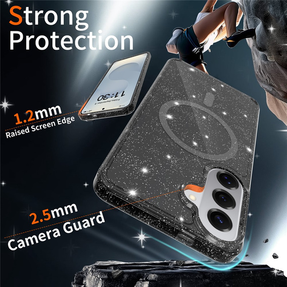 Glitter case, for MagSafe for Samsung Galaxy S26 Plus, transparent/black
