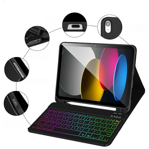 Case with illuminated bluetooth keyboard for iPad 10.9 2022 (10 gen.), black