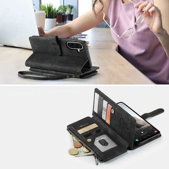 CASEME case for Samsung Galaxy A56 5G, Leather Wallet Cash and Card Slots, with strap, black