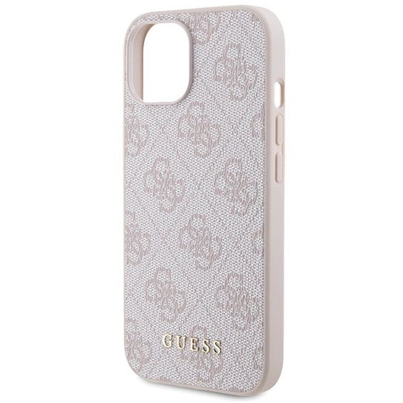 GUESS Case for iPhone 15, 4G Metal Gold Logo, pink
