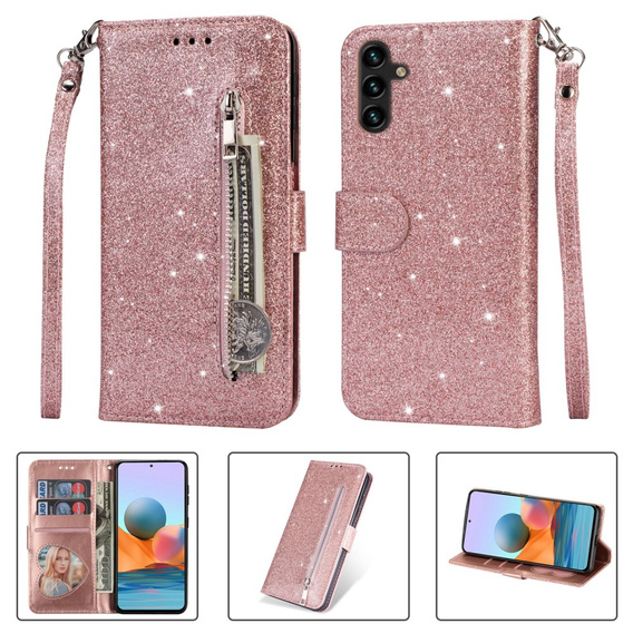 Flip case for Samsung Galaxy A55, Wallet Zipper Pocket Glittery, pink rose gold