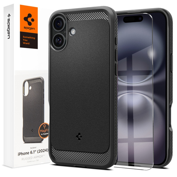 Spigen case for iPhone 16, Rugged Armor MagSafe, black + Tempered Glass 9H