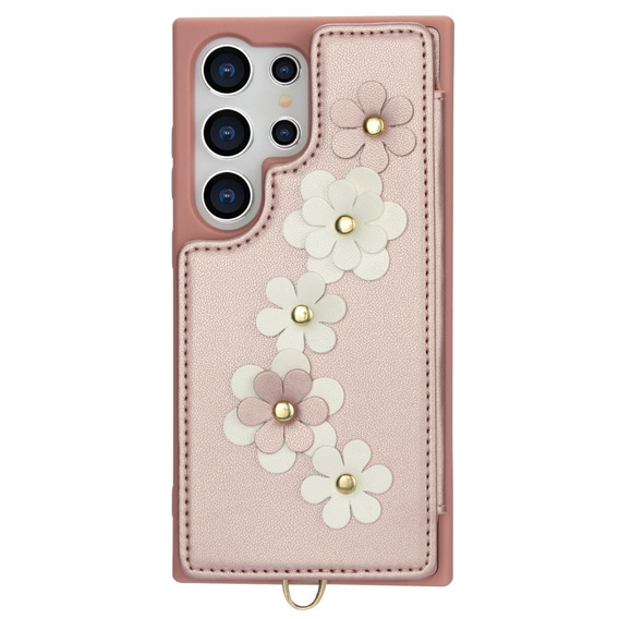 Case for Samsung Galaxy S24 Ultra, Leather Flower Card Slot, pink