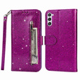 Flip case for Samsung Galaxy S24, Wallet Zipper Pocket Glittery, purple