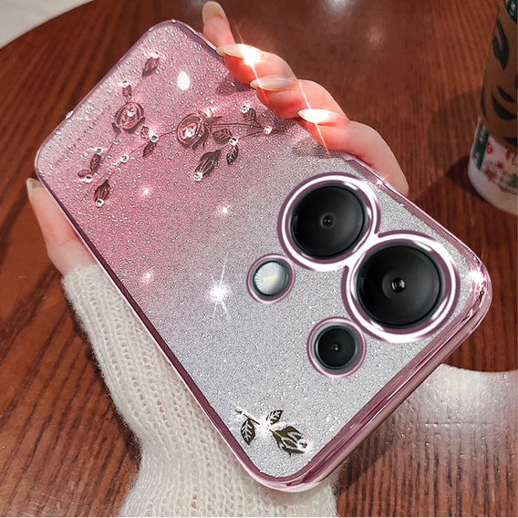 Case for Xiaomi Redmi Note 13 Pro 4G / Xiaomi Redmi Note 14S / Xiaomi Poco M6 Pro 4G, Glitter Flower, pink rose gold