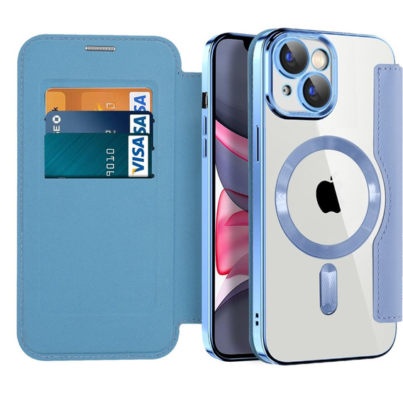 Flip case for iPhone 15 Plus, RFID Wallet MagSafe CamShield, blue