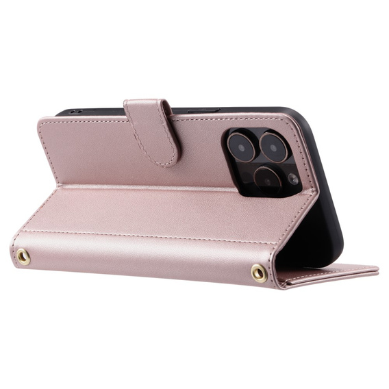Flip case for iPhone 16 Pro, Rhombus Crossbody Leather, pink rose gold