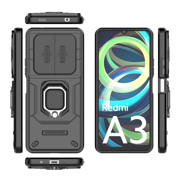 Case for Xiaomi Redmi A3, KickStand Camera Lens, black