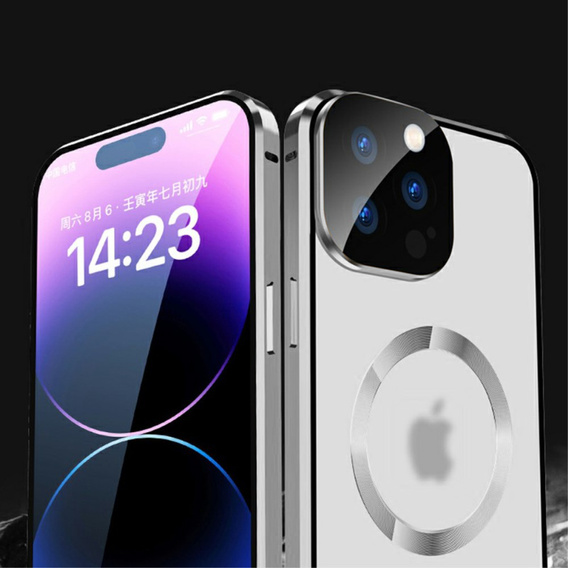 Magnetic Dual Glass MagSafe case for iPhone 15 Pro Max, silver
